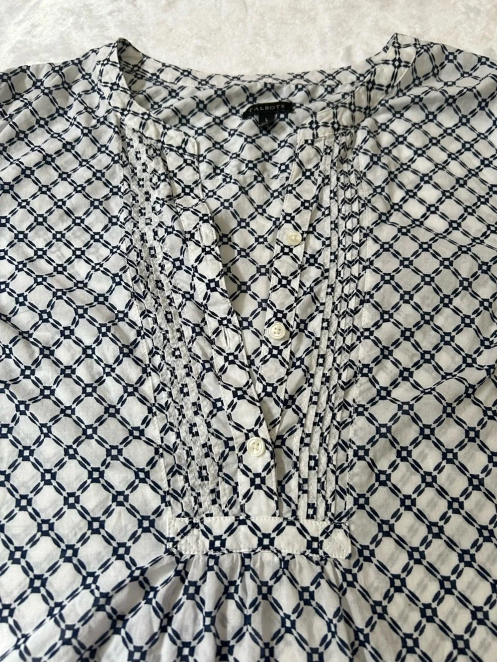 Talbots Geometric Print Blouse White Navy Size Large